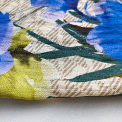 Viskose Krepp Stoff Blumen Bl�tter, kobaltblau hellbeige