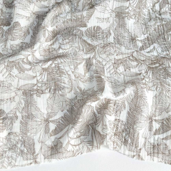 Musselin Stoff mit Bl�ttern, khakigr�n cremewei�