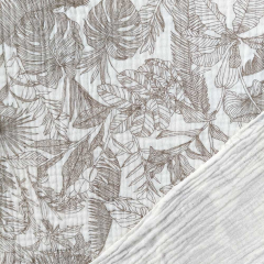 Musselin Stoff mit Bl�ttern, khakigr�n cremewei�