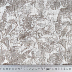 Musselin Stoff mit Bl�ttern, khakigr�n cremewei�