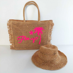 Strohtasche rechteckig mit Fransen PIN-UP, neonpink auf beige