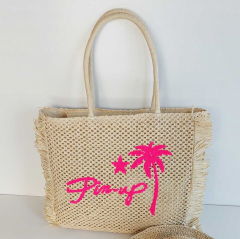 Strohtasche rechteckig mit Fransen PIN-UP, neonpink auf natur