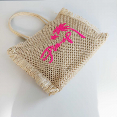 Strohtasche rechteckig mit Fransen PIN-UP, neonpink auf natur