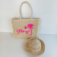 Strohtasche rechteckig mit Fransen PIN-UP, neonpink auf natur