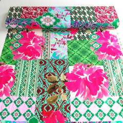 Viskose Stoff Patchwork Look Blumen Rauten mit Stretch, pink gr�n braun