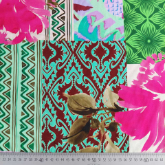 Viskose Stoff Patchwork Look Blumen Rauten mit Stretch, pink gr�n braun