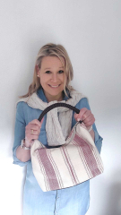 Canvas Tasche Streifen mit Taschengriff & Schultterriemen Summer Look, dunkelrot natur