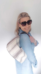 Canvas Tasche Streifen mit Taschengriff & Schultterriemen Summer Look, dunkelbraun natur