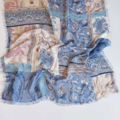 Halstuch Paisleymuster Blumen Schal - jeansblau beige braun  - Made in Italy