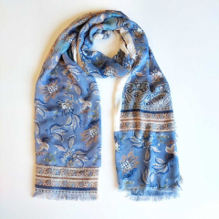 Halstuch Paisleymuster Blumen Schal - jeansblau beige braun  - Made in Italy