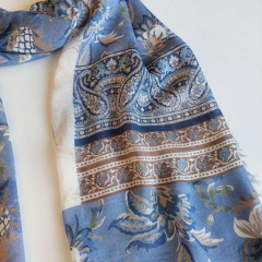 Halstuch Paisleymuster Blumen Schal - jeansblau beige braun  - Made in Italy