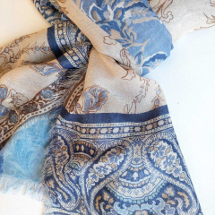 Halstuch Paisleymuster Blumen Schal - jeansblau beige braun  - Made in Italy