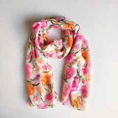 Halstuch Schal  Blumen, pink orange rosa gr�n auf cremeweiss