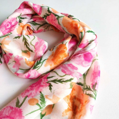 Halstuch Schal  Blumen, pink orange rosa gr�n auf cremeweiss