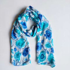Halstuch Schal  Blumen, t�rkis Blaut�ne auf cremeweisss