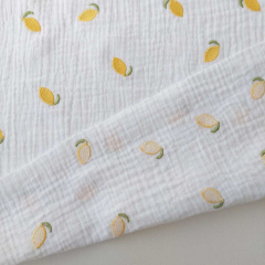 bestickter Musselin Stoff Zitronen gelb gr�n wei� Double Gauze Meterware