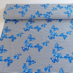 Jerseystoff Streifen Schmetterlinge  - dunkelblau t�rkis wei�