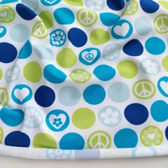 Jersey Stoff Punkte Kreise Herzen Friedenszeichen, wei� blau hellgr�n