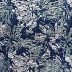 Jacquard Stoff Blumen silber mint dunkelblau