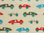 RESTSTCK 50 cm Baumwollstoff Rennautos Retro Autos, beige