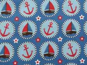 RESTSTCK 65 cm Baumwollstoff Seaside Fun Hilco/Buttons mit Booten, blau