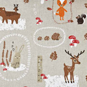 Dekostoff Leinenlook Rehe Hasen Pilze, natur