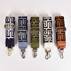 Taschengurt Taschenriemen Labyrinth Muster 5 cm, schwarz ecrue mit ecrue Lederenden, silberfarbige Schnalle